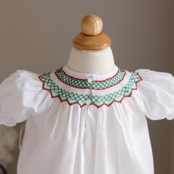 White Smocked Feltman Brothers Bishop Dress Red Green Embroidery NWT - Picture 5 of 6